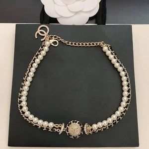 New Double Chain Wearing Leather Pearl Clavicle Chain Crystal Diamond Gold Sunfl